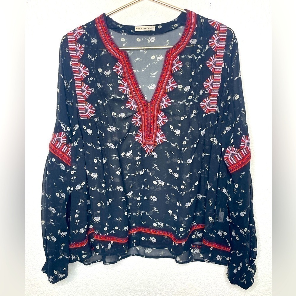 Ulla Johnson blouse silk embroidered sz 4 sheer long sleeve boho